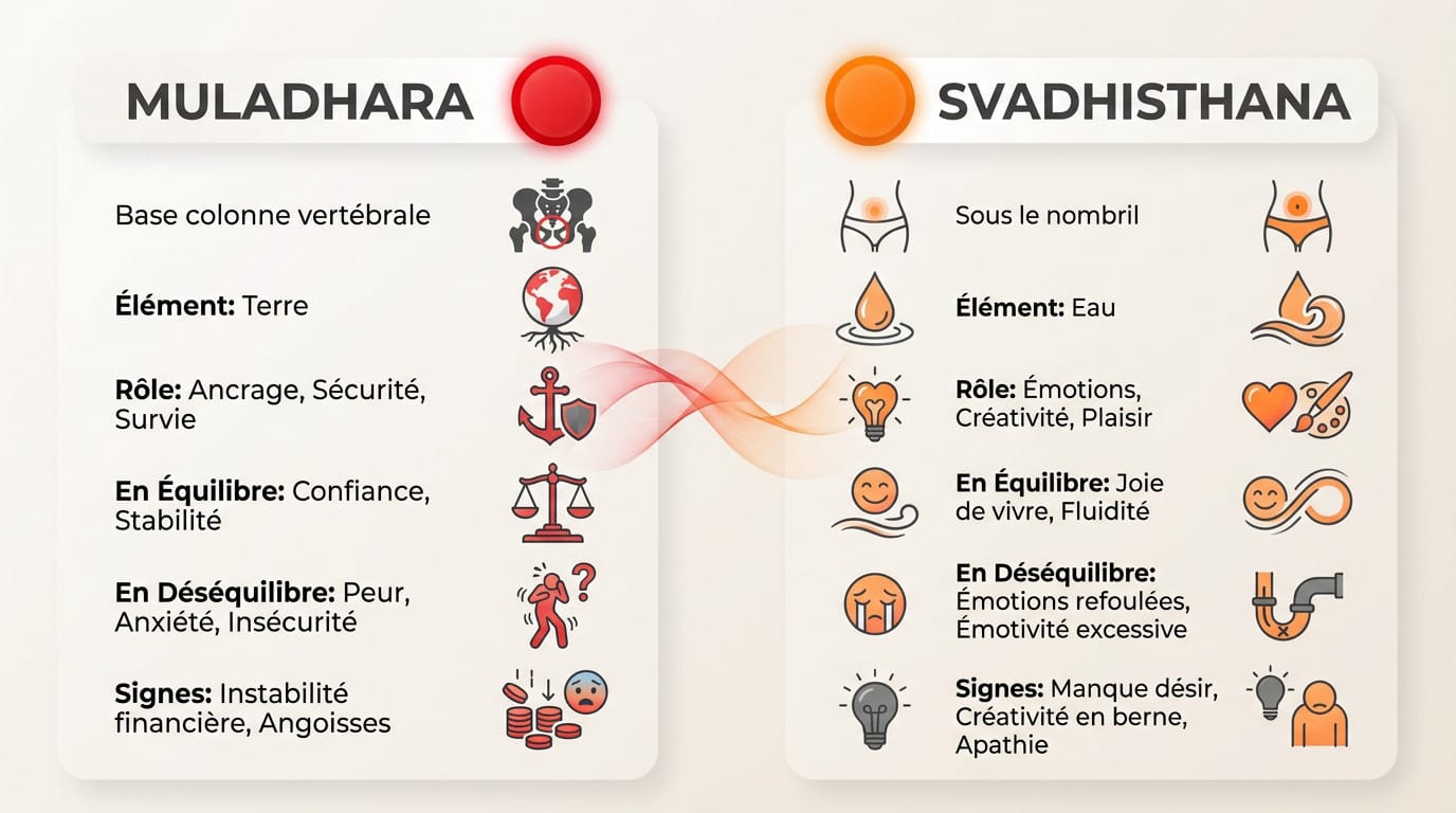 Schéma des chakras Muladhara et Svadhisthana illustrant leur position et couleur