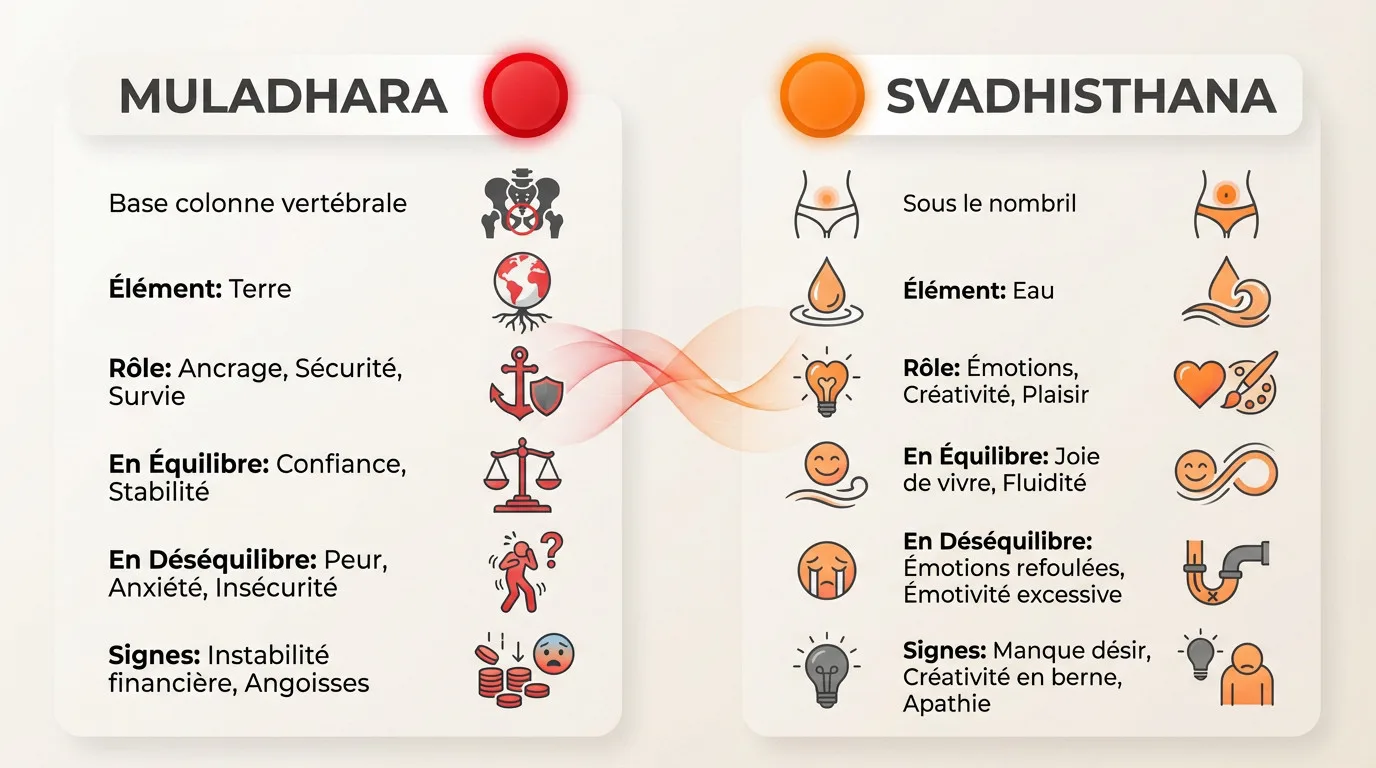 Schéma des chakras Muladhara et Svadhisthana illustrant leur position et couleur