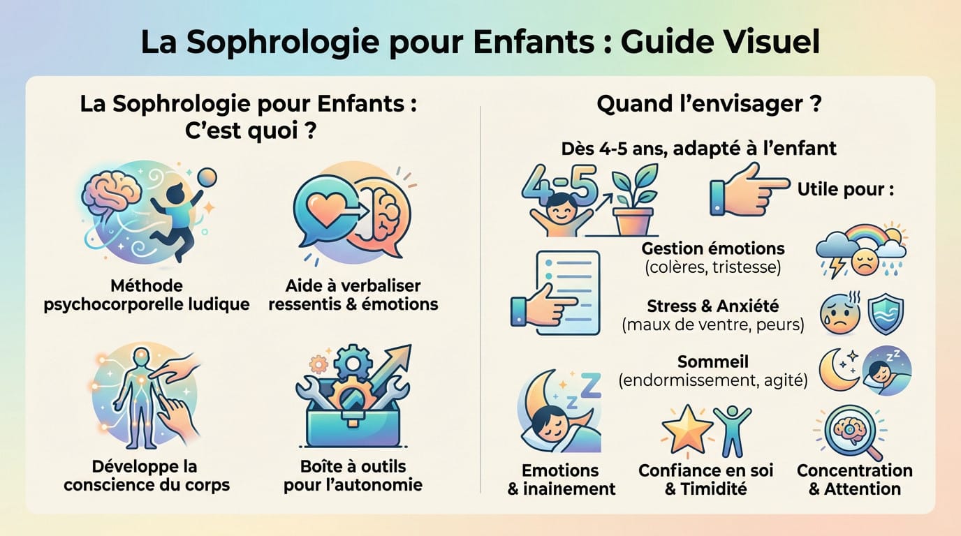 Illustration d'une séance de sophrologie enfant montrant des exercices de respiration ludiques