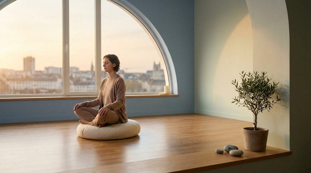 Person in meditative pose on cushion in a modern sophrology studio. Soft light, city view, minimalist decor with plant and stones.