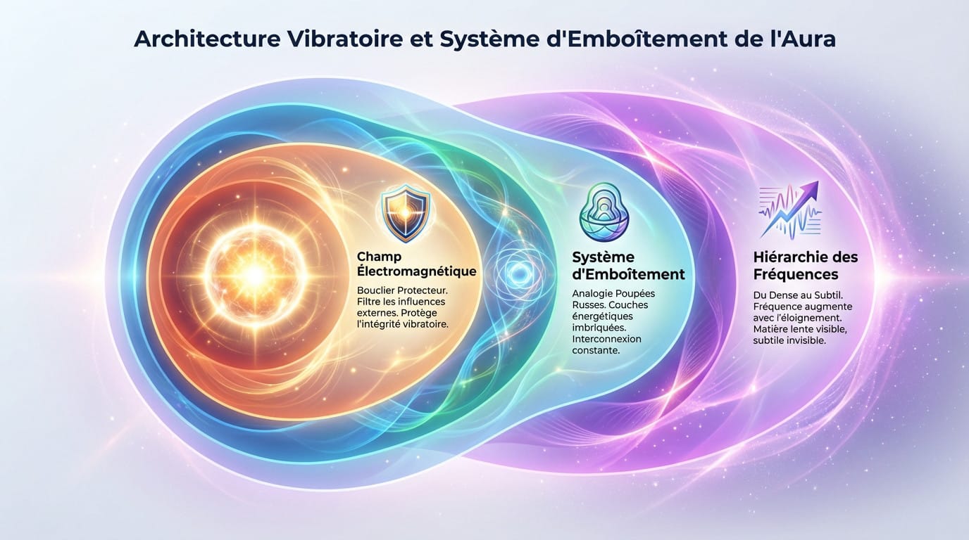 Schéma illustrant l'architecture vibratoire et le système d'emboîtement des 7 corps subtils de l'aura