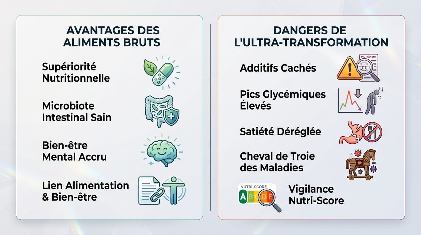 Comparaison des bénéfices santé entre aliments bruts et produits ultra-transformés