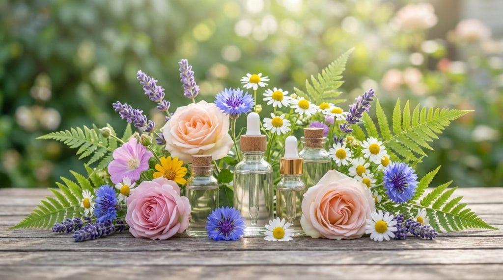 A serene arrangement of diverse, vibrant flowers and glass dropper bottles on a wooden surface with blurred foliage background, conveying natural well-being.