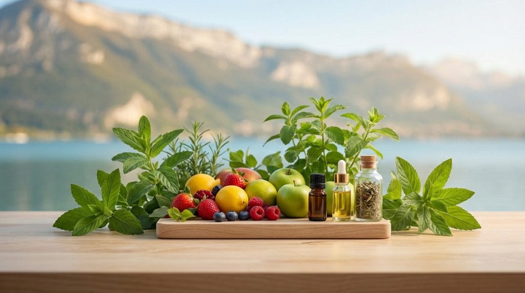 Table en bois avec fruits (citrons, pommes, baies), herbes (menthe, romarin), huiles essentielles, face à un lac et montagnes.