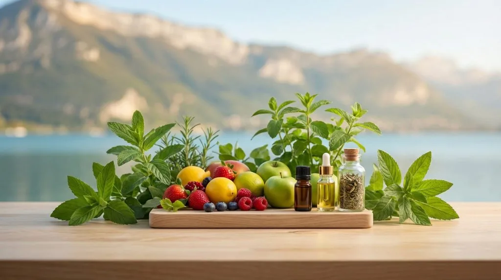 Table en bois avec fruits (citrons, pommes, baies), herbes (menthe, romarin), huiles essentielles, face à un lac et montagnes.