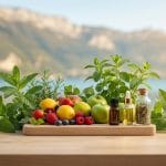 Table en bois avec fruits (citrons, pommes, baies), herbes (menthe, romarin), huiles essentielles, face à un lac et montagnes.