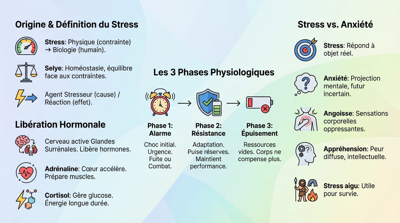 Schéma explicatif des phases du stress et de la libération d'hormones comme le cortisol