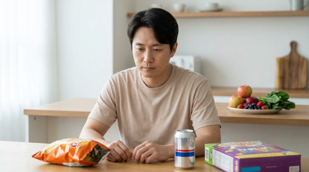 A man in a modern kitchen looks pensively at an open bag of chips, a soda can, and a cereal box, with fresh fruit and vegetables blurred in the background.