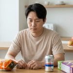 A man in a modern kitchen looks pensively at an open bag of chips, a soda can, and a cereal box, with fresh fruit and vegetables blurred in the background.