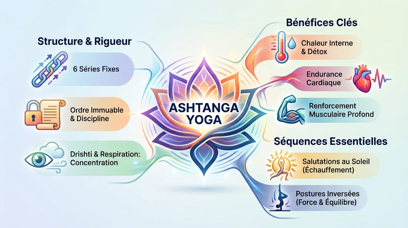 Infographie détaillant les principes clés et les postures de l'Ashtanga Yoga