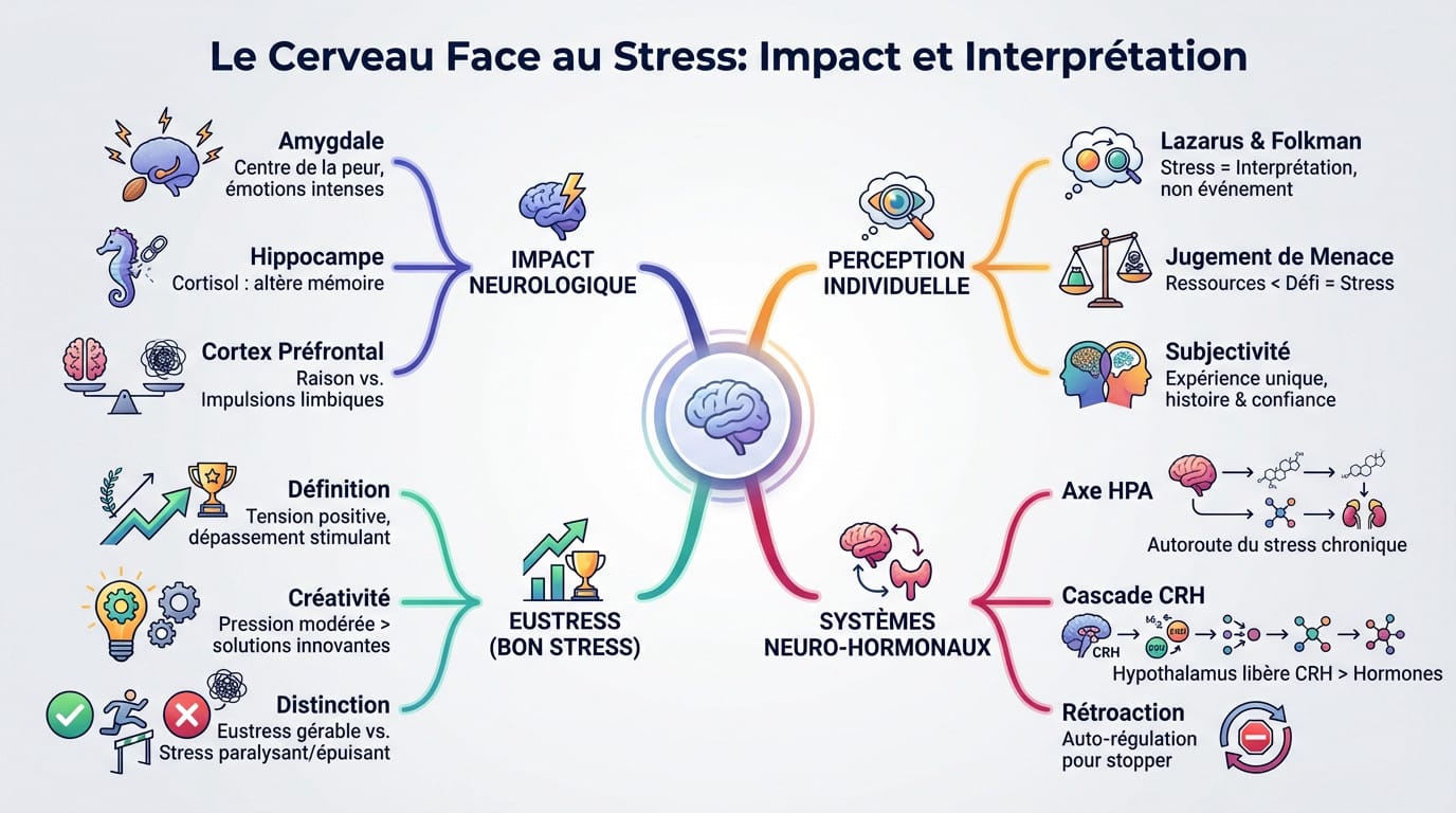Schéma illustrant l'impact du stress sur le cerveau et l'interprétation cognitive
