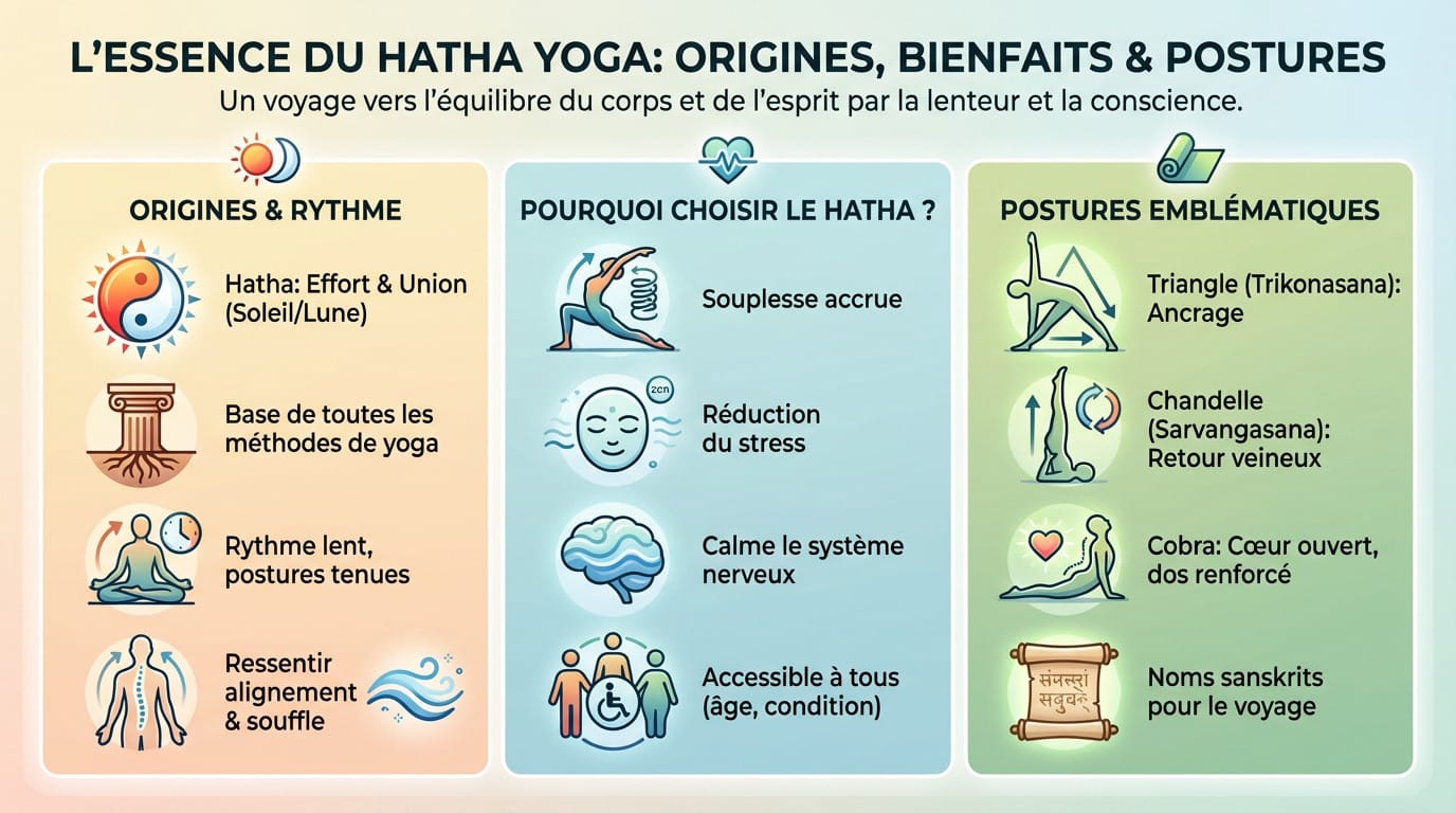 Femme en posture de Hatha Yoga illustrant l'ancrage et l'union corps-esprit