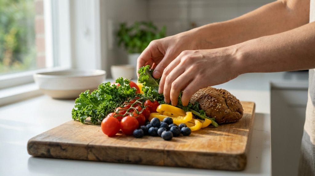 Anonymous hands arrange fresh kale, tomatoes, bell peppers, blueberries, and whole grain bread on a wooden board in a sunny kitchen.