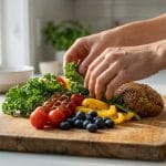 Anonymous hands arrange fresh kale, tomatoes, bell peppers, blueberries, and whole grain bread on a wooden board in a sunny kitchen.