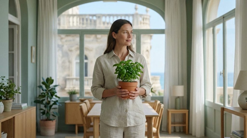 A woman in linen holds a potted basil plant, looking out a window in a bright, airy room with elegant Biarritz architecture and ocean view.