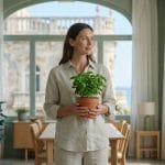 A woman in linen holds a potted basil plant, looking out a window in a bright, airy room with elegant Biarritz architecture and ocean view.