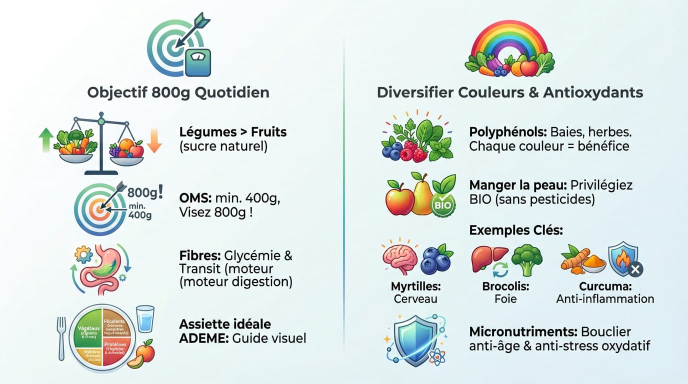Assiette équilibrée riche en fruits et légumes colorés pour une alimentation idéale