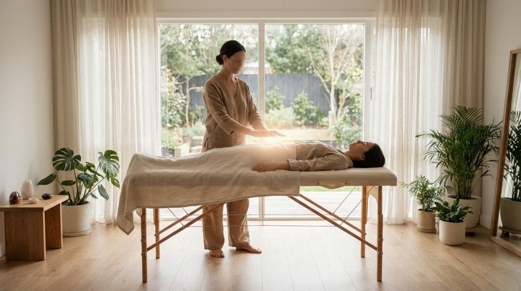 A practitioner performs an energetic healing session on a client lying on a table, with subtle light emanating from their hands in a bright, modern room.