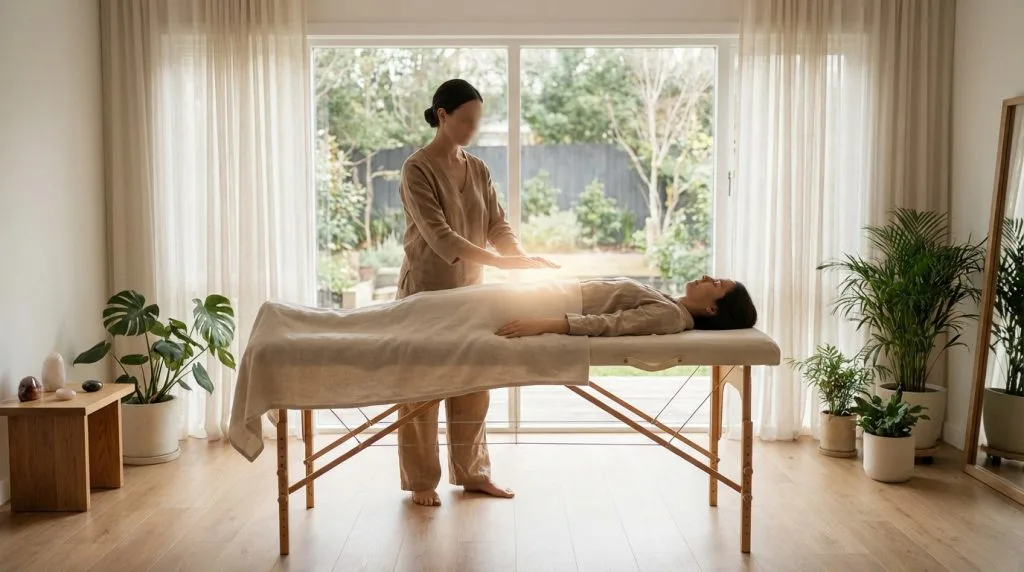 A practitioner performs an energetic healing session on a client lying on a table, with subtle light emanating from their hands in a bright, modern room.
