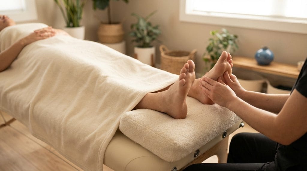 A person on a treatment bed receives reflexology on bare feet from a therapist. Soft light, calming tones, and a peaceful ambiance.