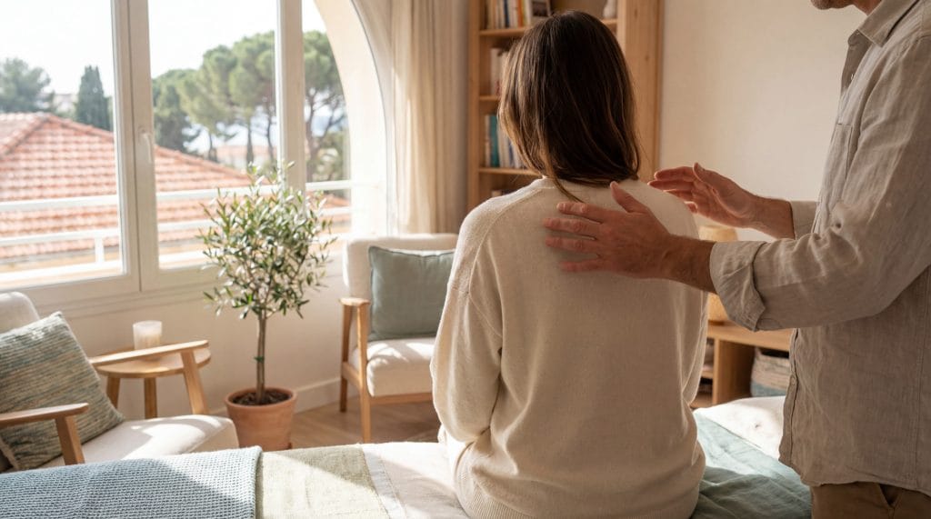 Un magnétiseur posant les mains sur les épaules d'une femme assise, en thérapie énergétique à Nice.