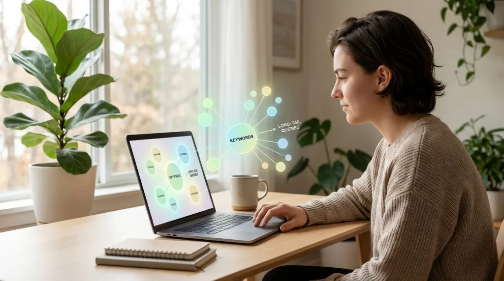 Une femme devant son laptop affichant une carte mentale de mots-clés. Une projection holographique détaille des requêtes longue traîne.