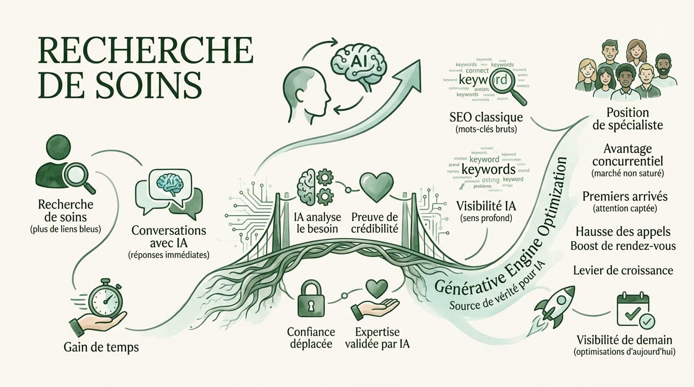 Thérapeute analysant les opportunités du référencement par intelligence artificielle pour son cabinet