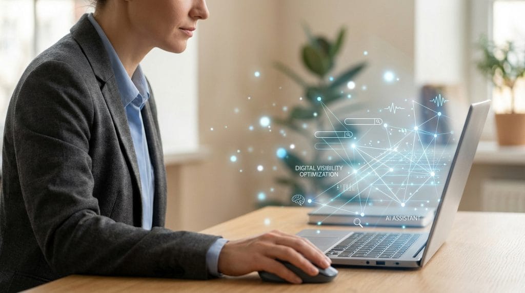 Femme utilisant un ordinateur portable avec une interface numérique superposée affichant "Digital Visibility Optimization" et "AI Assistant".