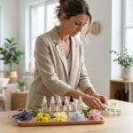 Une femme prépare des fleurs fraîches et des flacons compte-gouttes pour des élixirs sur une table en bois clair dans un intérieur lumineux.