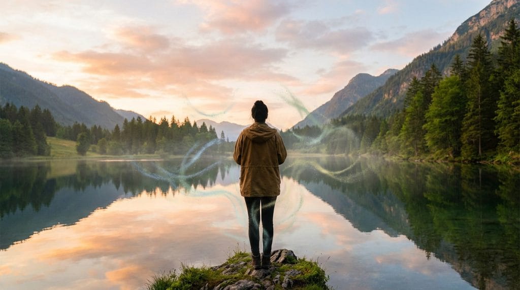 Personne de dos face à un lac reflétant un ciel pastel, montagnes et forêt, entourée de lumières vibrantes symbolisant la sérénité.