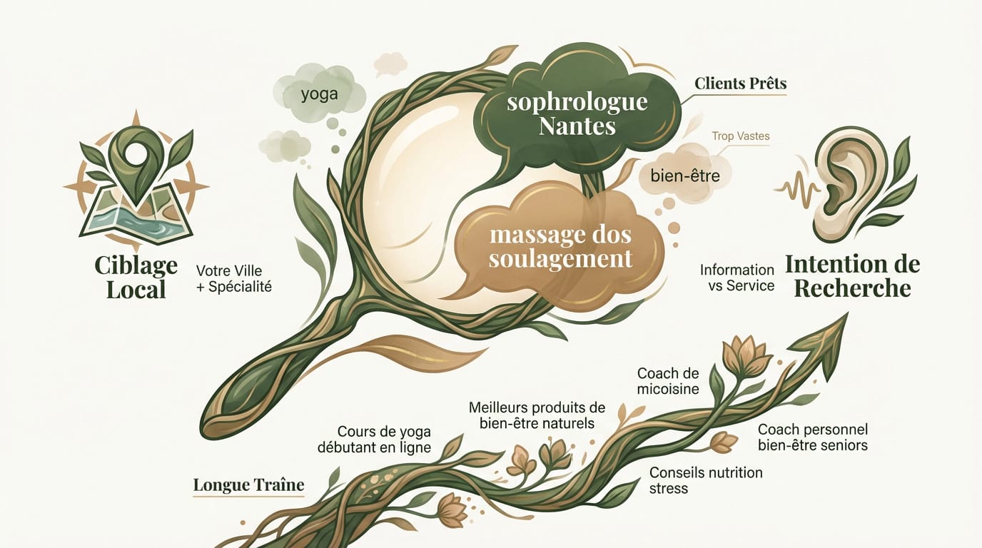 Infographie expliquant comment identifier des mots-clés pertinents pour le secteur du bien-être