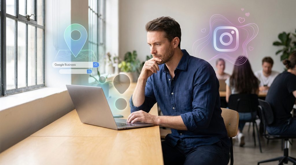 Un homme devant son laptop réfléchit, entouré d'icônes Google Business et Instagram, comparant les plateformes.