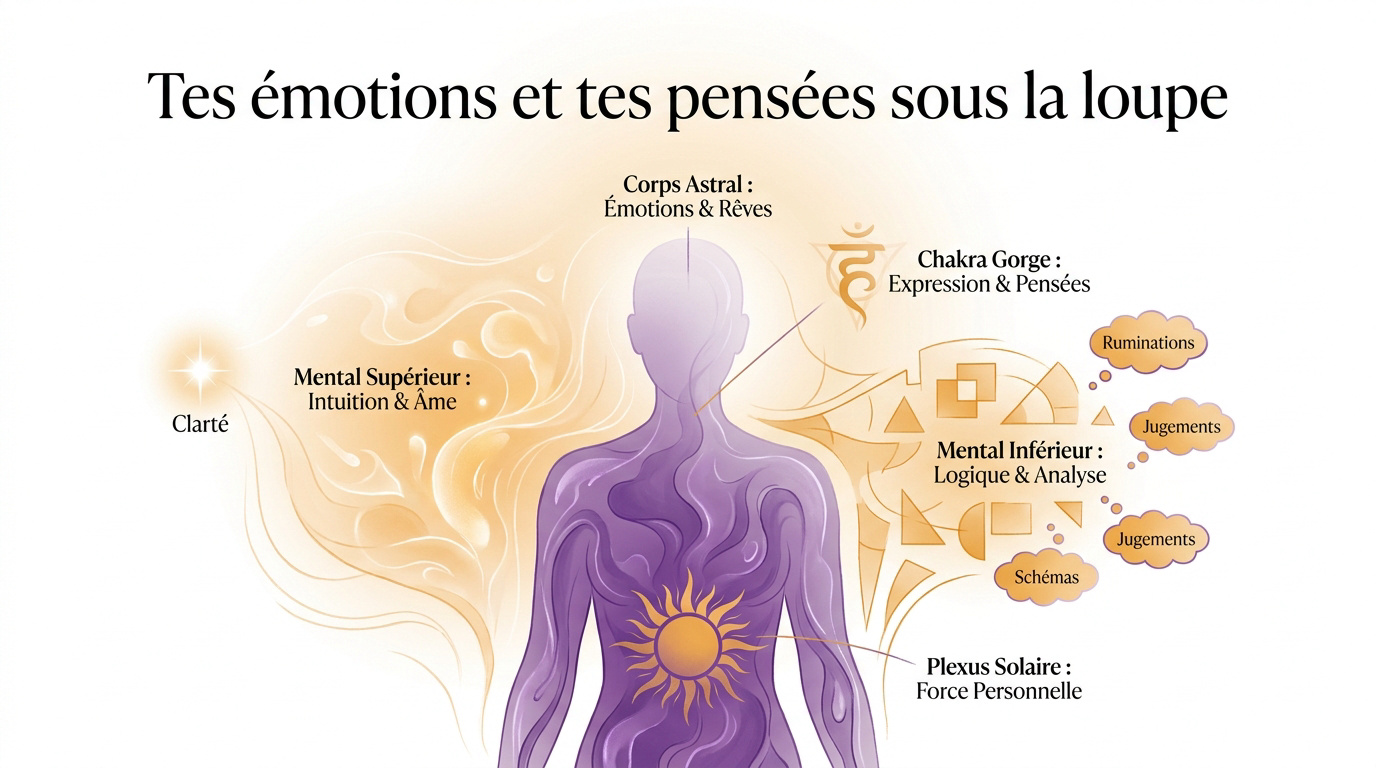 Représentation des flux énergétiques liés aux émotions et aux pensées dans les corps subtils