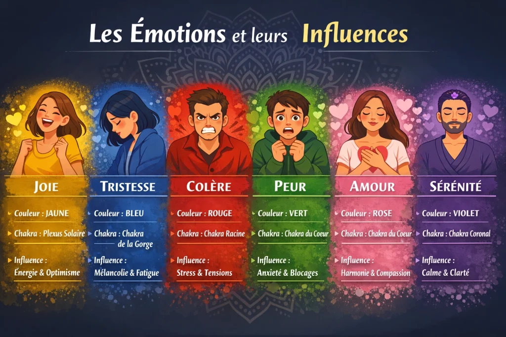 Atteindre l'équilibre émotionnel est vitale . La roue des émotions nous enseigne comment les gérer. Les couleurs des émotions reflètent leur influence comme sur ce comparatif avec les chakras associés.