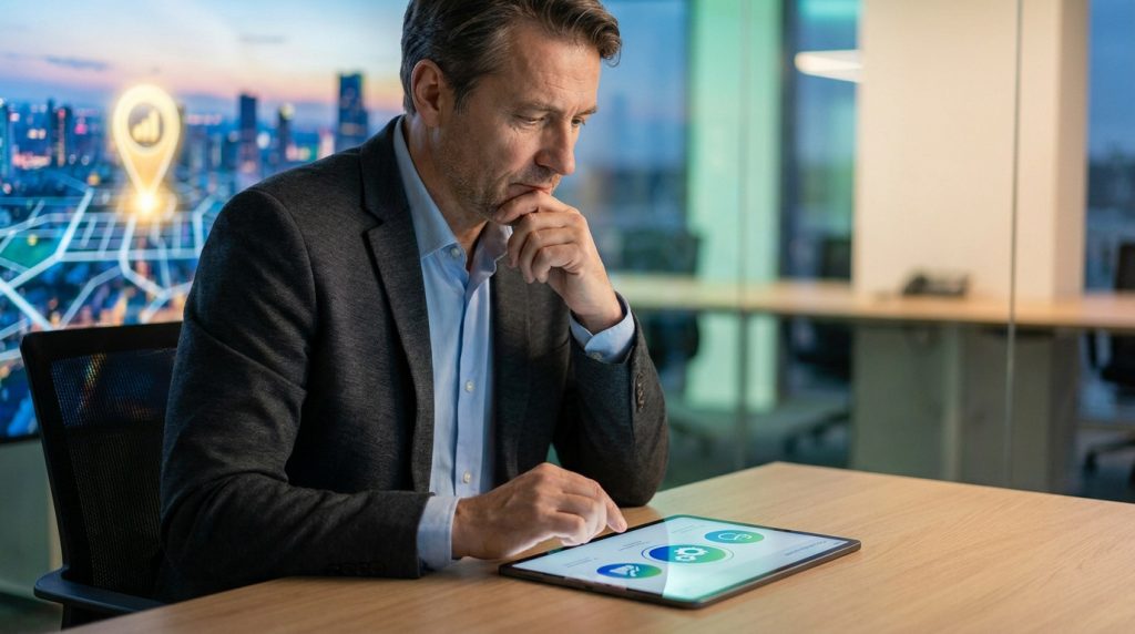 Un homme d'affaires pensif examine une tablette, un pin de localisation lumineux sur une ville en arrière-plan. Il optimise sa présence en ligne.