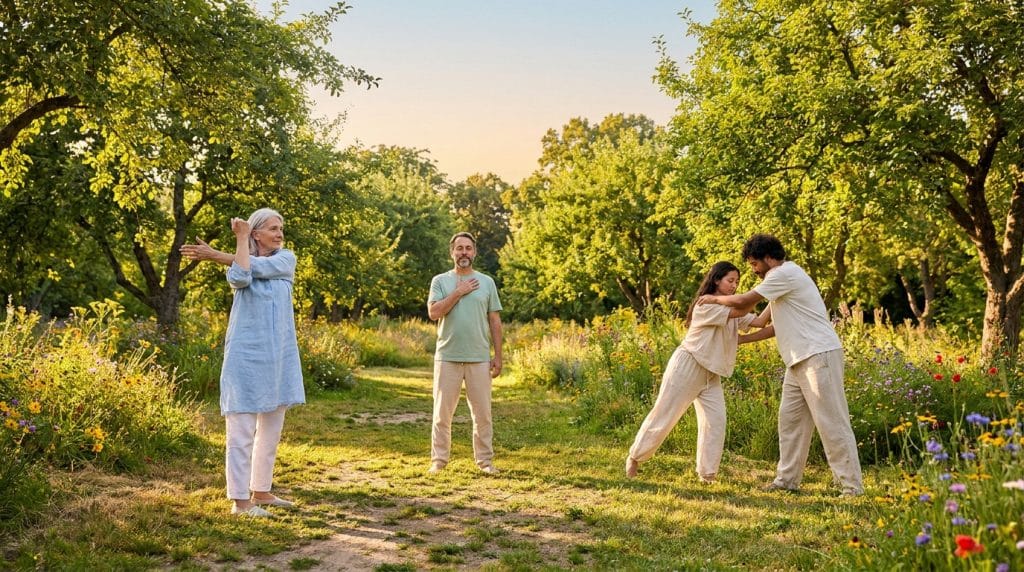 Plusieurs personnes de différentes générations pratiquent des exercices de bien-être en pleine nature, entourées d'arbres et de fleurs.