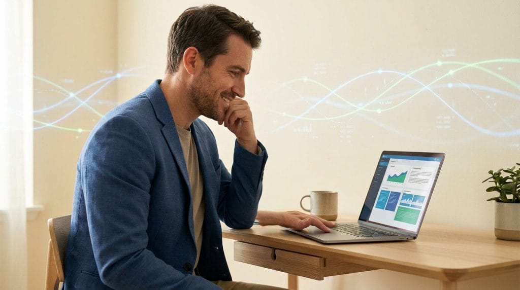 Un homme souriant regarde des graphiques d'analyse de données sur son ordinateur portable. Des ondes de données virtuelles sont projetées derrière lui.