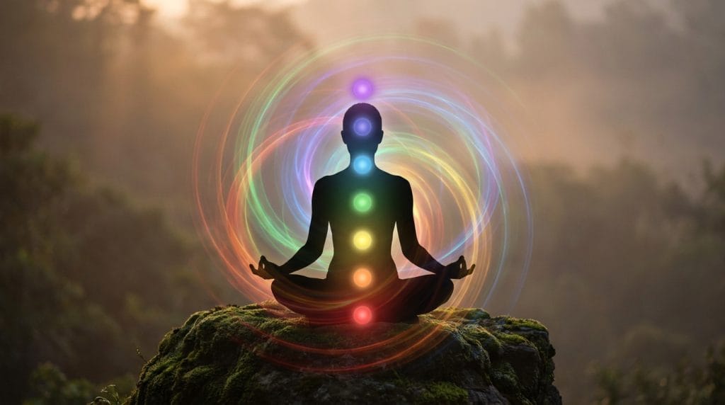 Silhouette méditant en posture du lotus sur une roche moussue. Les 7 chakras sont lumineux avec une aura énergétique arc-en-ciel.