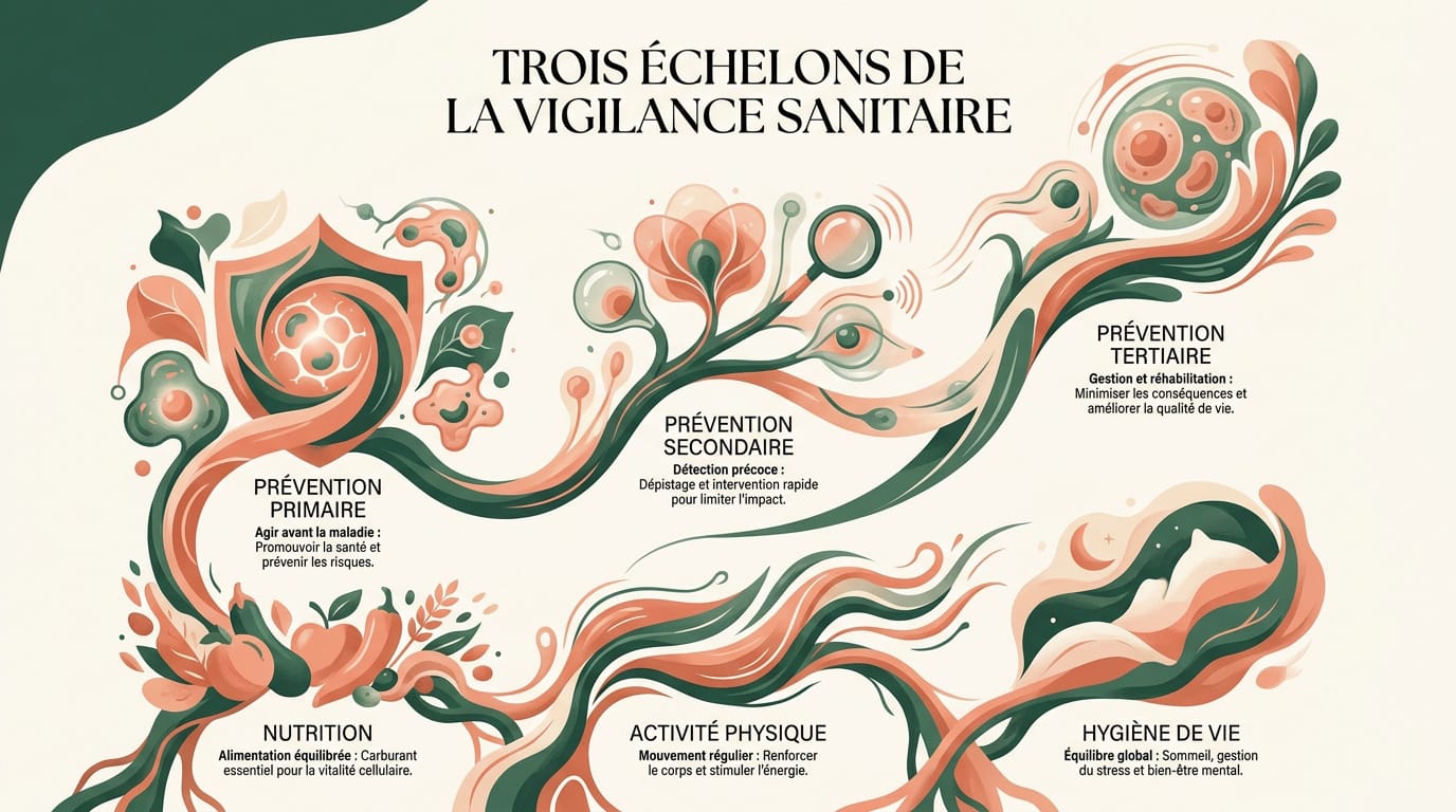 Schéma explicatif des trois niveaux de la médecine préventive : primaire, secondaire et tertiaire