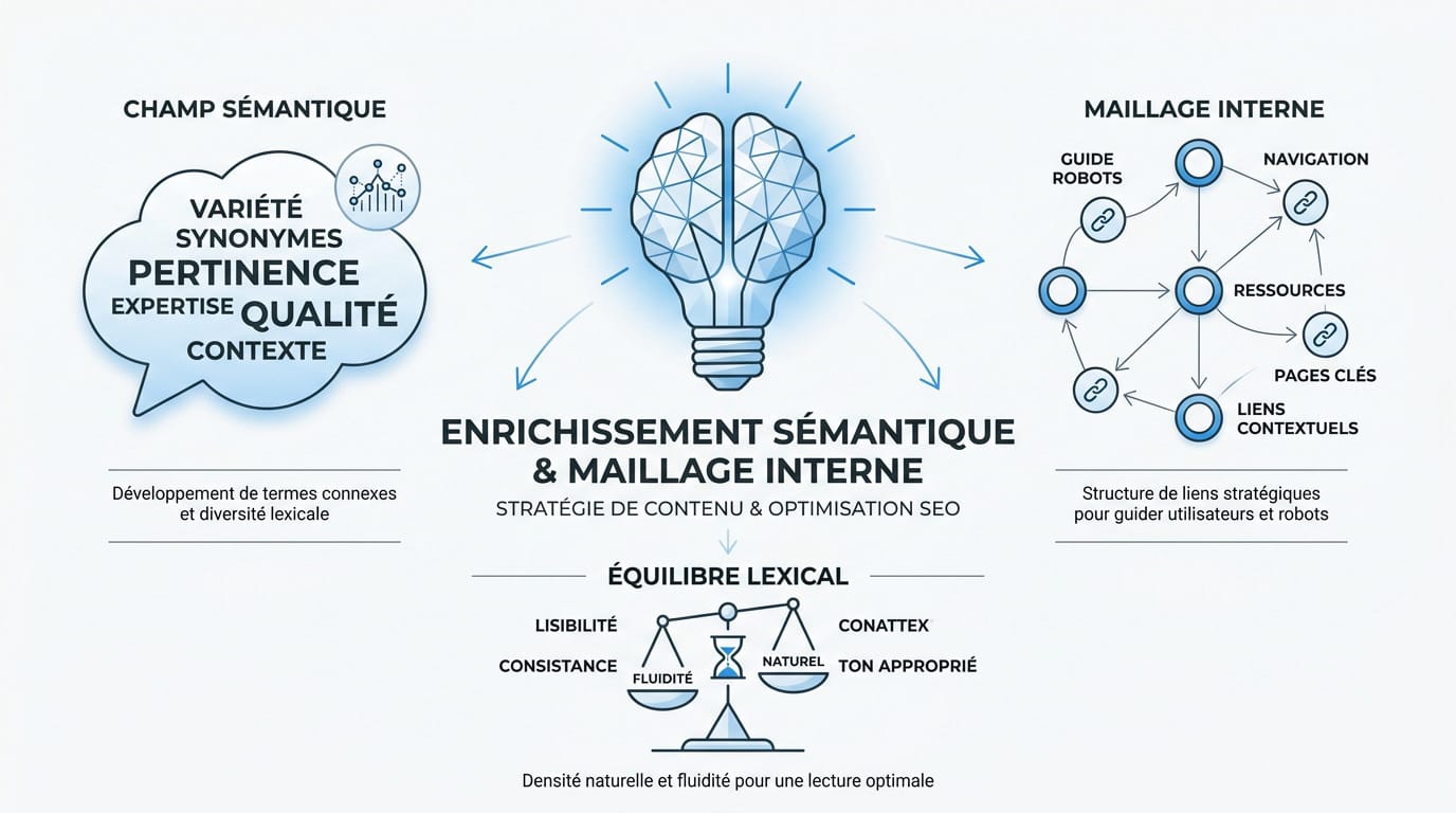 Schéma illustrant l'enrichissement sémantique et les stratégies de maillage interne pour le SEO