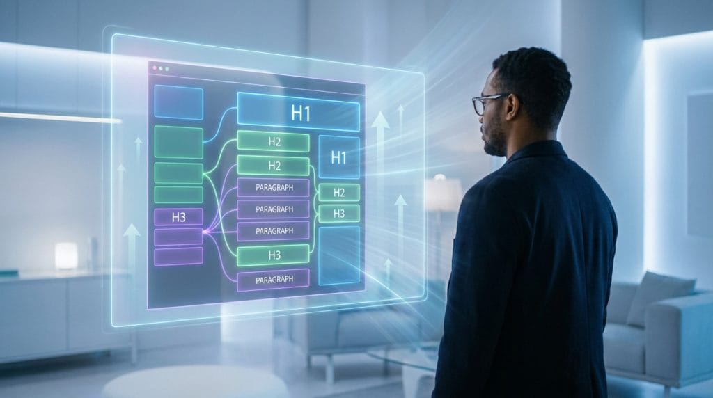 Homme observant un schéma holographique de structure d'article SEO (H1, H2, H3, paragraphes) avec flèches d'optimisation.