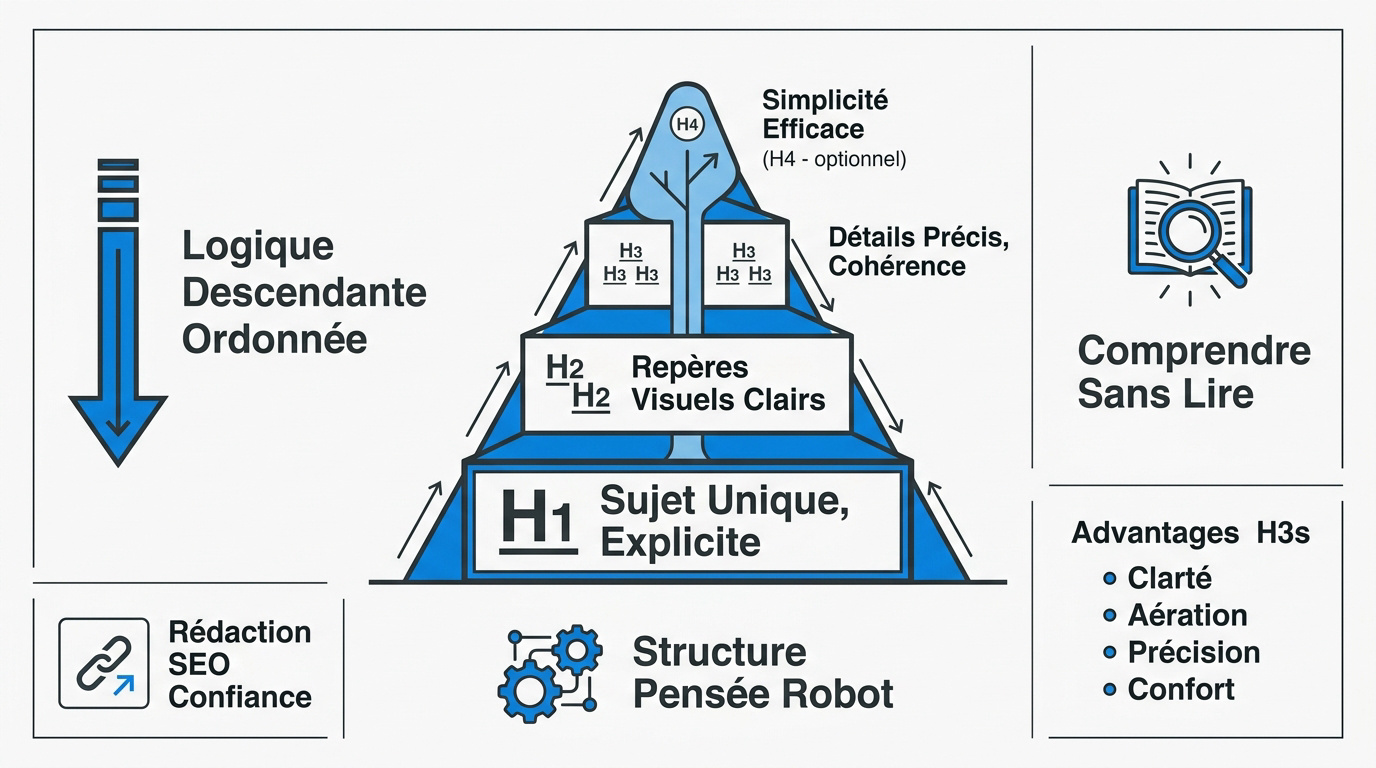 Schéma de la pyramide visuelle illustrant la hiérarchie des balises Hn pour un contenu web clair